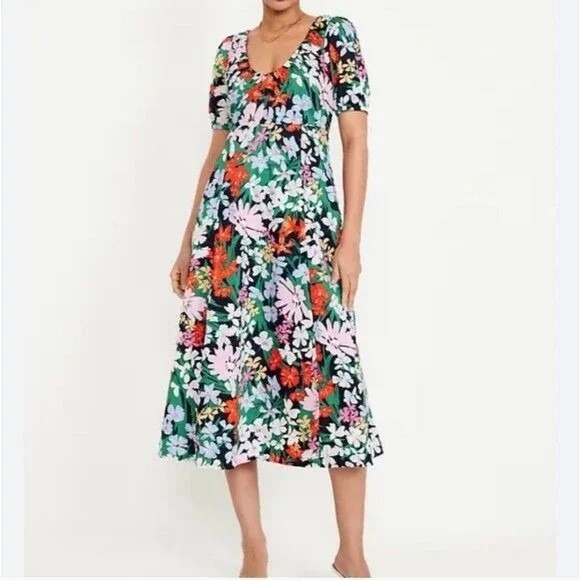 Old Navy Dresses & Skirts - Old Navy Puff Sleeves Swing Dress XL Blue Multi Flower Cotton Festival Colorful